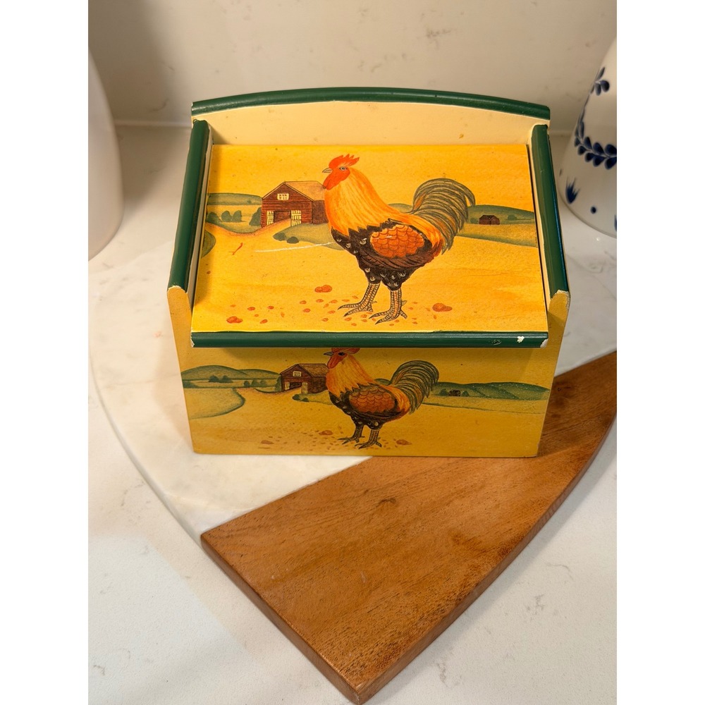 Vintage Farmhouse Rooster Wooden Recipe Box Hand Painted Yellow Green Barn Decor